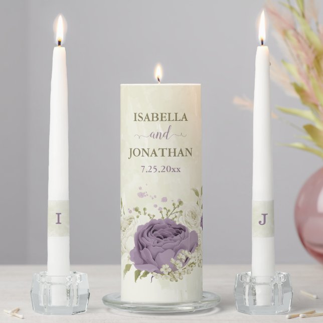 mauve and white flowers wedding unity candle set (In Situ)