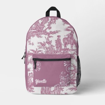 Mauve And White French Toile Pattern Personalized Printed Backpack by DizzyDebbie at Zazzle