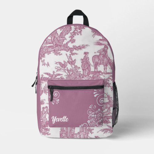 Mauve and White French Toile Pattern Personalized Printed Backpack