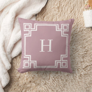 Mauve and White Greek Key Monogram Throw Pillow