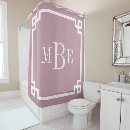 Mauve and White Greek Key  Monogrammed Shower Curtain