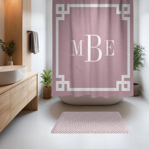 Mauve and White Greek Key  Monogrammed Shower Curtain