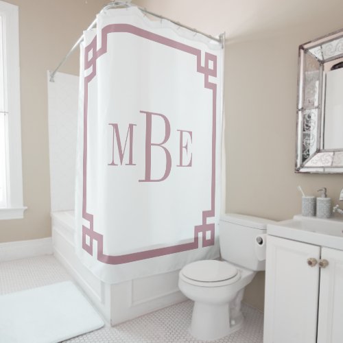 Mauve and White Greek Key  Monogrammed Shower Curtain