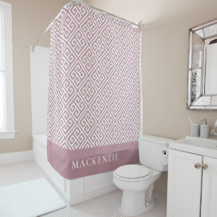 Mauve and White Greek Key Name Monogram Shower Curtain