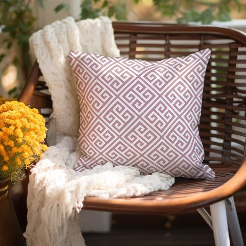 Mauve and White Greek Key Pattern Outdoor Pillow