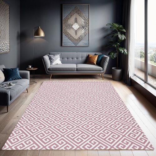 Mauve and White Greek Key Pattern Rug