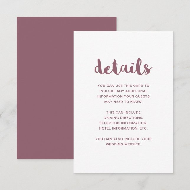 Mauve and White Wedding Guest Details Enclosure Card (Front/Back)