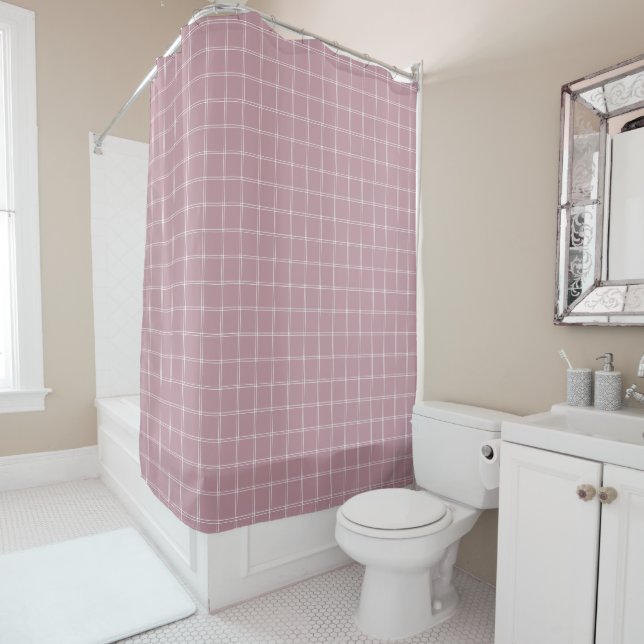 Mauve and White Windowpane Check Shower Curtain (In Situ)