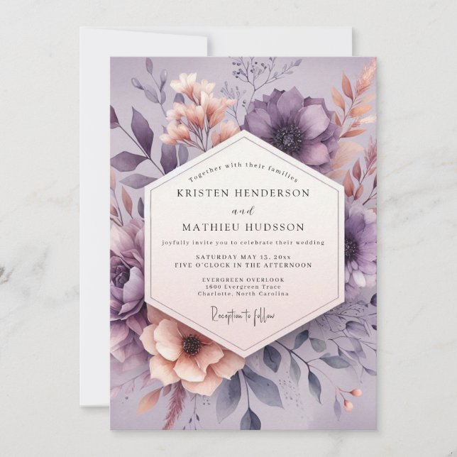 Mauve Aquarelle Bloom Wedding Invitation (Front)