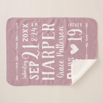 Mauve Baby Girl Birth Stats | Editable Colors Sherpa Blanket | Zazzle