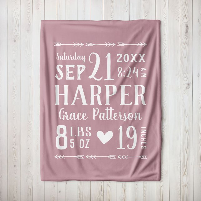 Mauve Baby Girl Birth Stats Keepsake Fleece Blanket (Creator Uploaded)