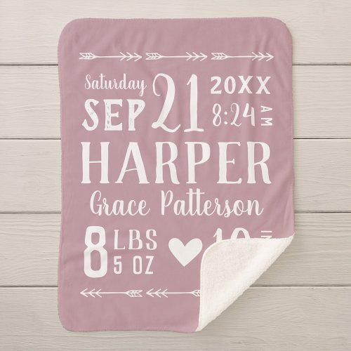 Mauve Baby Girl Birth Stats Keepsake Sherpa Blanket
