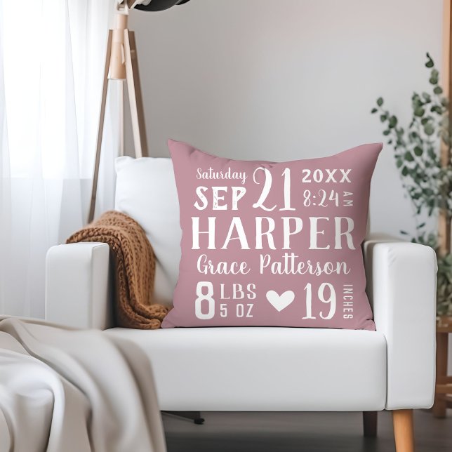 Mauve Baby Girl Birth Stats Keepsake Throw Pillow (Creator Uploaded)