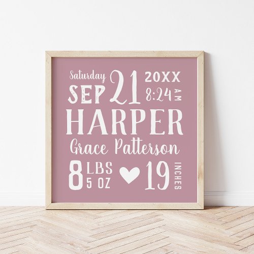 Mauve Baby Name and Birth Stats  Editable Colors Poster