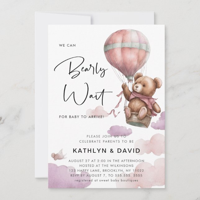 Mauve Balloon We Can Bearly Wait Girl Baby Shower Invitation (Front)