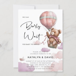 Mauve Balloon We Can Bearly Wait Girl Baby Shower Invitation
