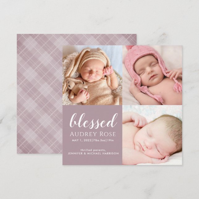 Mauve Blessed Baby Three Photo Collage Plaid Birth Announcement (Front/Back)