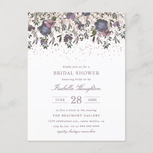 Mauve Blossom & Rose Gold Confetti Bridal Shower Invitation Postcard