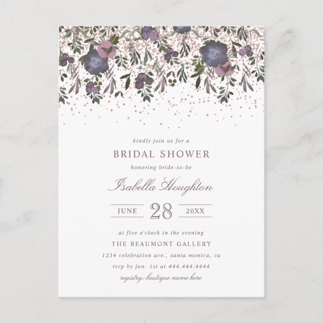 Mauve Blossom & Rose Gold Confetti Bridal Shower Invitation Postcard (Front)