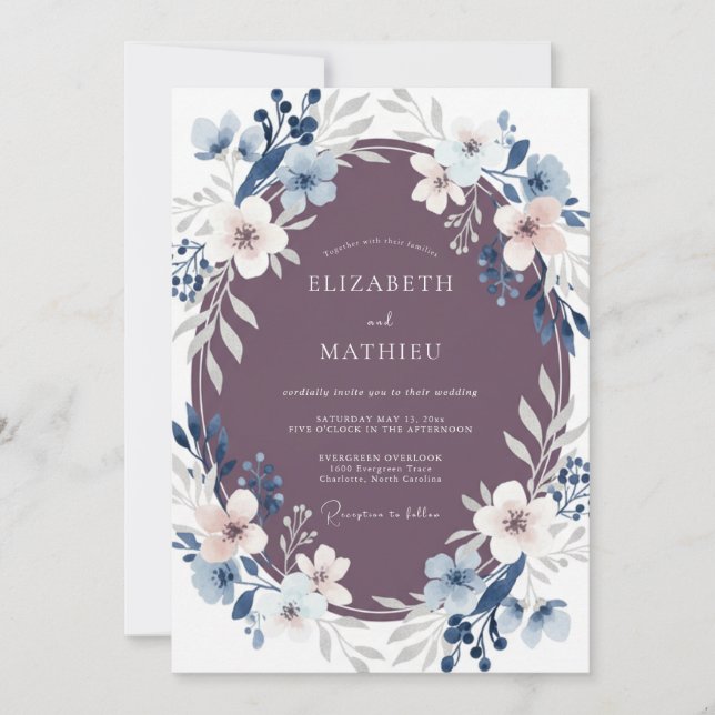 Mauve Blue Ethereal Floral Wedding Invitation (Front)