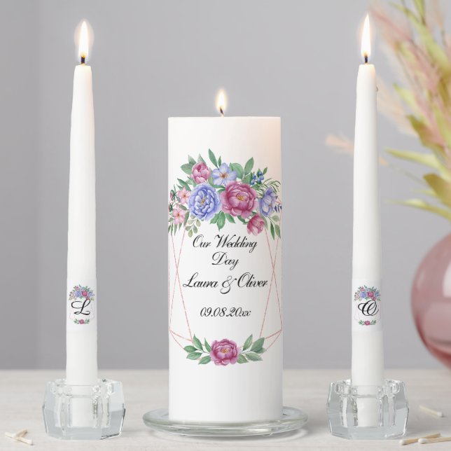 Mauve Blue Peonies Gold Geometric Frame Wedding Unity Candle Set (In Situ)
