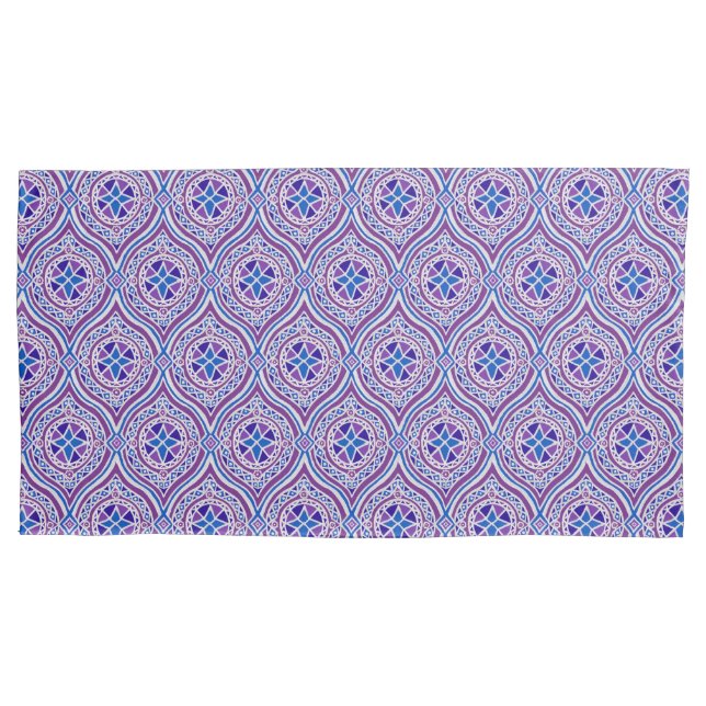 Mauve, Blue, White Traditional Ogee Pattern Pillowcase (Front-Left)