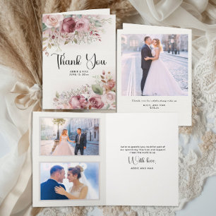 Mauve Blush Floral 3-Photo Wedding Letterpress Thank You Card