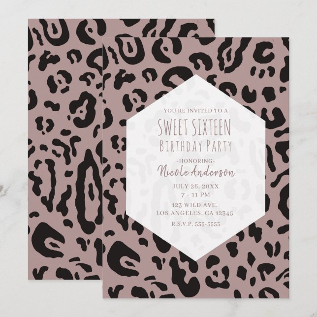 Mauve Blush Pink Cheetah Leopard Sweet 16 Party In Invitation (Front/Back)