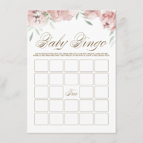 Mauve Blush Pink Flowers Baby Shower Bingo Card