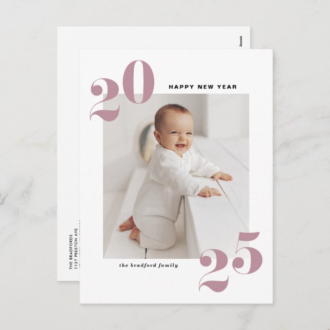 Mauve Bold Typography 2025 New Year Photo Holiday Postcard (Front/Back)