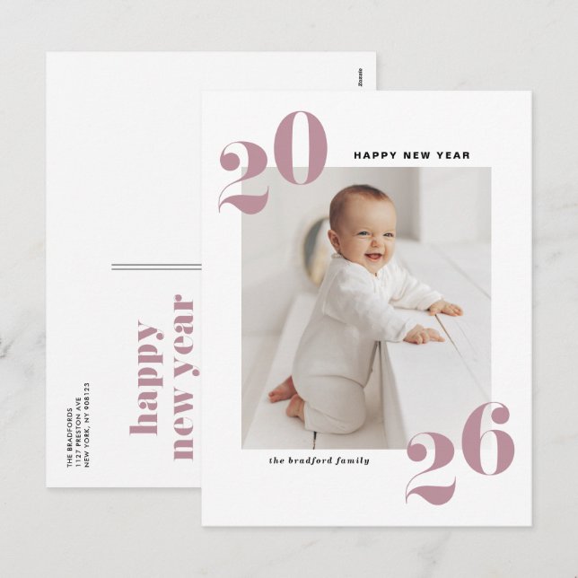 Mauve Bold Typography 2025 New Year Photo Holiday Postcard (Front/Back)