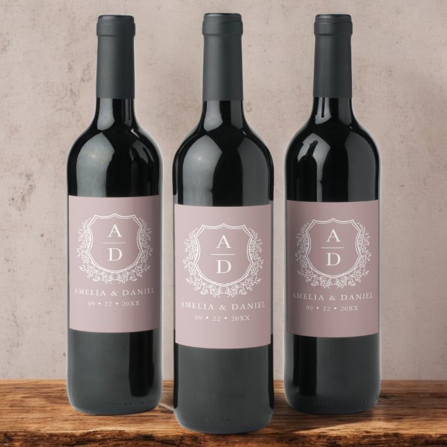 Mauve Botanical Crest Modern Monogram Wedding  Wine Label (Creator Uploaded)
