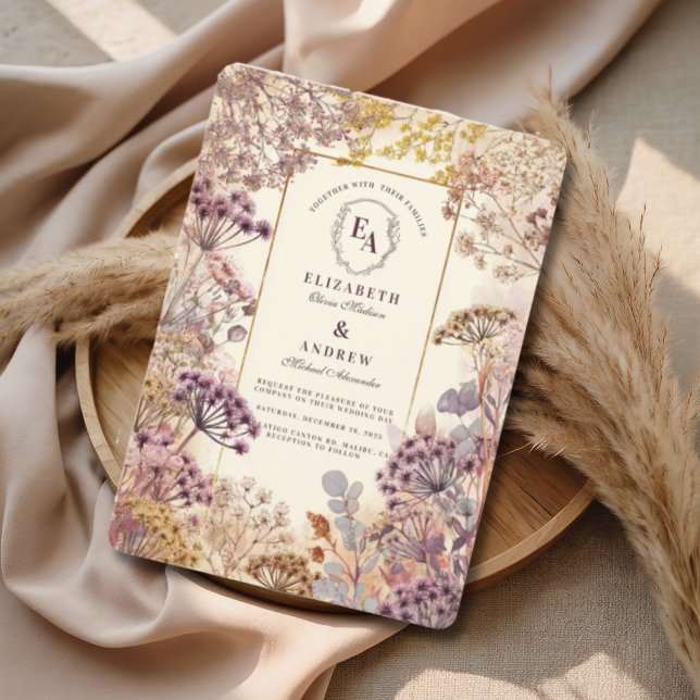 Mauve Botanical Pressed Flower Elegant Wedding Invitation (Creator Uploaded)