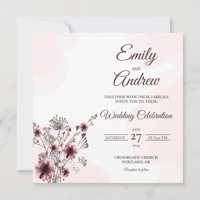 Mauve Botanical Watercolor Floral Square Wedding Invitation (Front)