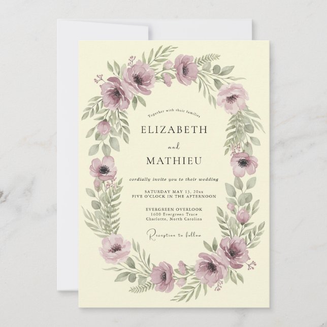 Mauve Botanical Wreath Wedding Invitation (Front)