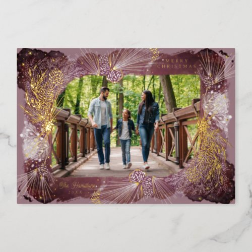 Mauve Burst with Gold Pinecones Foil Holiday Card