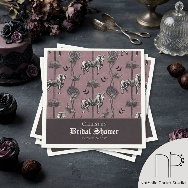 Mauve Carousel Skeleton Horse Pattern Napkins (Moody mauve skeleton carousel horse and dark roses for romantic alternative bridal shower party)
