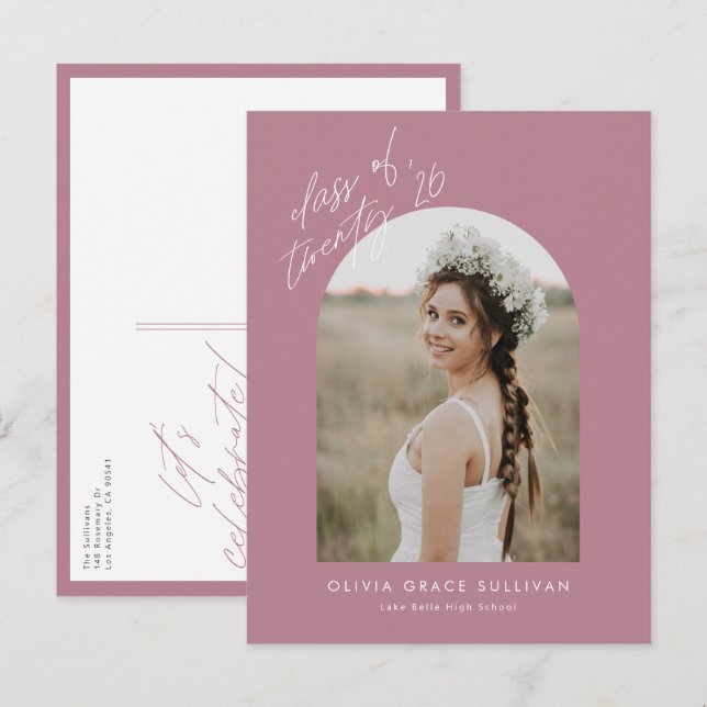 Mauve Class of 2026 Arch Photo Graduation Invitation Postcard (Front/Back)