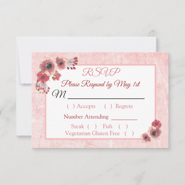 Mauve Coral Floral Striped  Wedding RSVP card (Front)