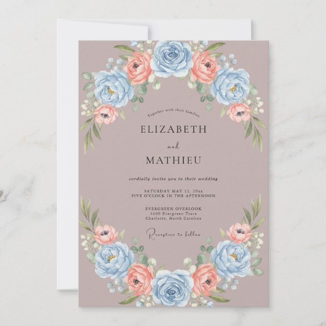 Mauve Cornflower Ranunculus Eucalyptus Wedding Invitation (Front)