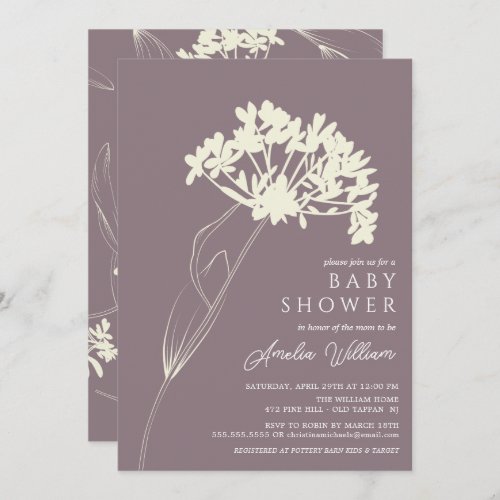 Mauve  Cream Modern Floral Baby Shower Invitation