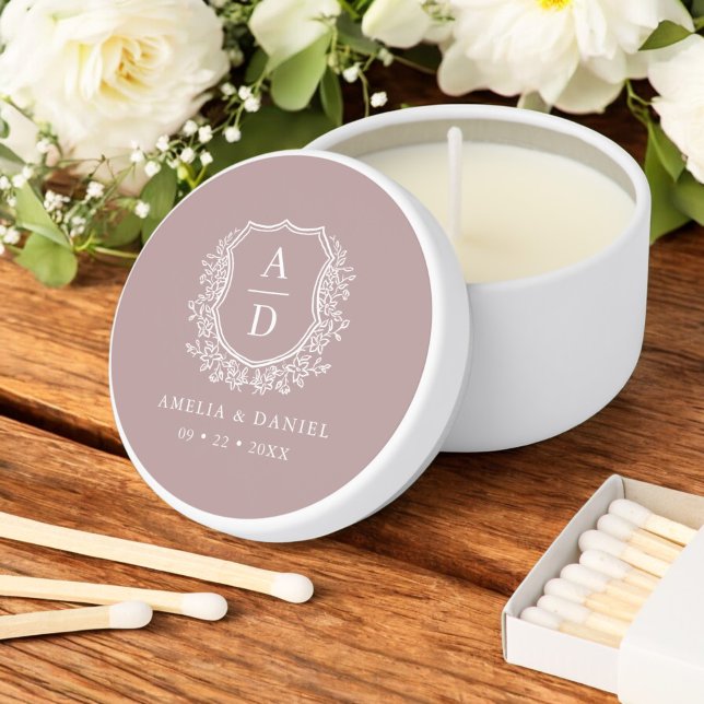 Mauve Crest Botanical Monogram Wedding  Mini Candle Favors (Creator Uploaded)