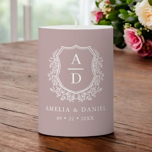 Mauve Crest Botanical Monogram Wedding Pillar Candle