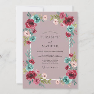 Mauve Crimson Aqua Peony Wedding Invitation