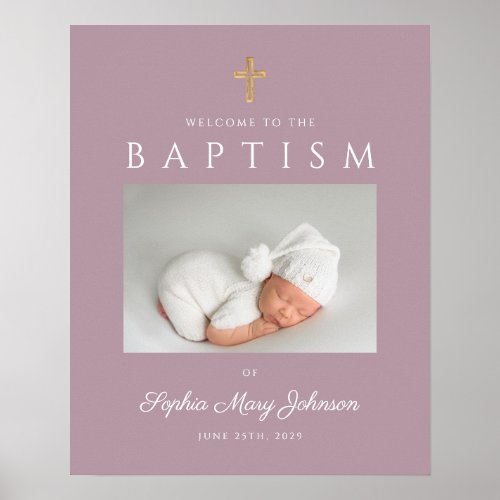 Mauve Cross Photo Girl Baptism Welcome  Poster