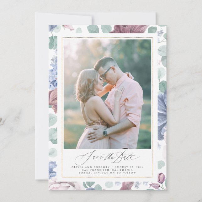 Mauve Dusty Blue Floral Save The Date Photo Cards (Front)