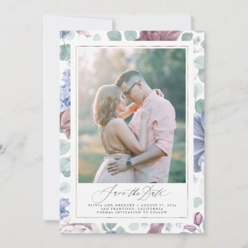 Mauve Dusty Blue Floral Save The Date Photo Cards