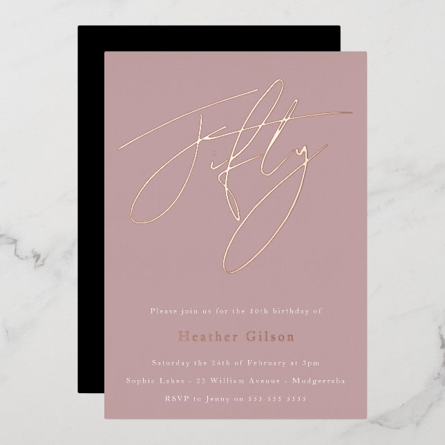 Mauve Dusty Pink 50th Birthday Party Rose Gold Foil Invitation (Front/Back)