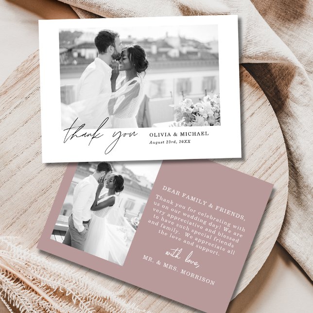 Mauve Dusty Pink Script Photo Wedding Thank You Card (Creator Uploaded)