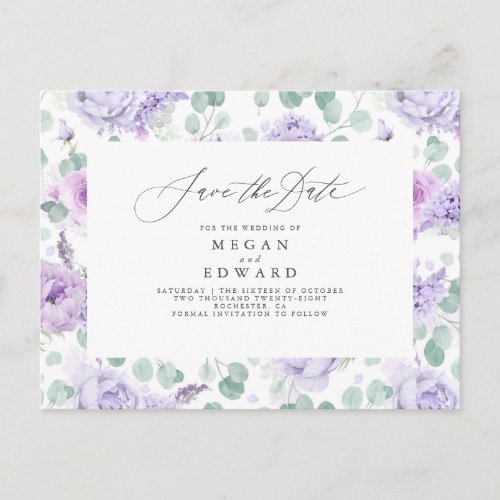 Mauve Dusty Purple Floral Save The Date Announcement Postcard